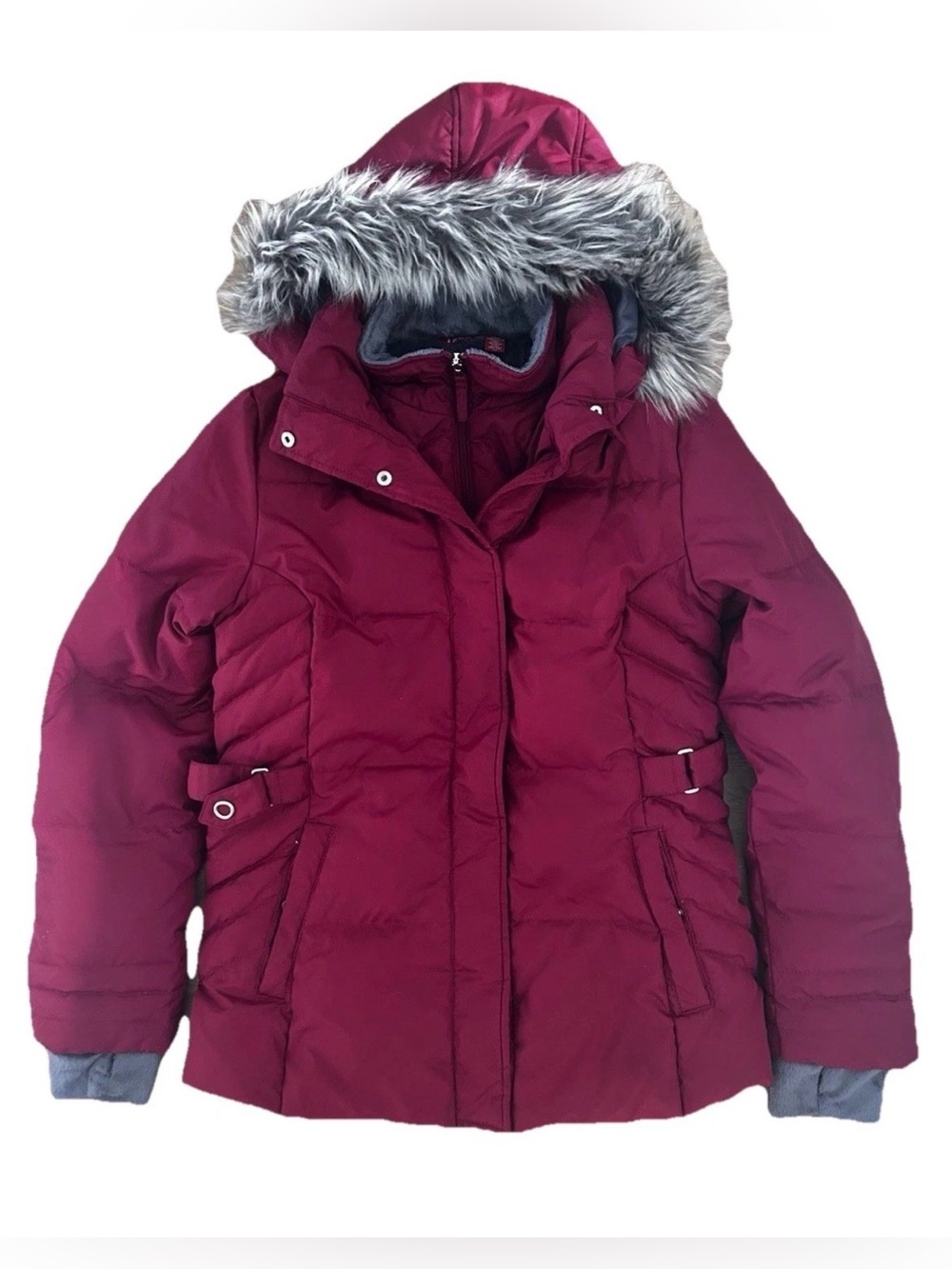 Izod Women's Burgundy Puffer winter snow ski Jacket with Faux Fur Hood